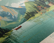 Load image into Gallery viewer, Emerald Lake Colorado Framed Canvas Print, Panoramic Art, Midcentury Modern, Pop Art, Living Room Wall Art, Travel Poster, Lake Art
