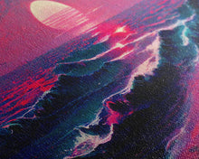 Load image into Gallery viewer, Synth wave sunset, ocean painting canvas print, outrun style, sun set art, wall decor, Made in Texas, ocean sunset, beach vaporwave

