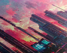 Load image into Gallery viewer, Cyber punk city skyline canvas print, outrun sunset, synthwave, vapor wave, dystopian city at sun set, mancave wall art, video game concept
