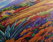 Load image into Gallery viewer, Framed and Printed Canvas Painting of Colorful Tuscan Countryside, Gouache Textured Canvas Painting, Botanical Wall Art Print, Skinny Art
