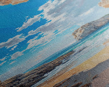 Carregar imagem no visualizador da galeria, Framed Canvas Print Skinny Art of a Sunlit Beach Scene Framed by Rocky Cliffs, Overlooking a Crystal Blue Sea Under a Clear Sky, Perfect Tall Coastal Art
