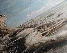 Carregar imagem no visualizador da galeria, Framed Canvas Print Skinny Art of a Weathered Driftwood Tree Trunk on a Sandy Shore with a Calm Ocean Backdrop, Ideal Tall Art for Coastal Decor
