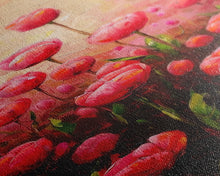 Load image into Gallery viewer, Vibrant Red Tulips in Bloom Against a Soft Pink Background on a Framed Canvas Print Skinny Art Piece
