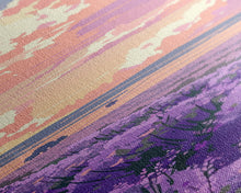 Carregar imagem no visualizador da galeria, Expansive Lavender Field Beneath a Dramatic Cloudy Sky in Warm Pastel Hues Ukiyo-e Art Japanese Framed Canvas Print Skinny Tall Art
