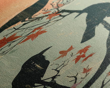 Carregar imagem no visualizador da galeria, Black Crows Japanese Art Skinny Wall Art Framed Canvas Print on Branches with Red Maple Leaves Against Warm Orange Sun
