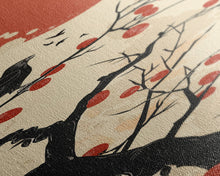 Carregar imagem no visualizador da galeria, Blackbird Perched On A Branch Under The Red Sun In Japanese Style Ukiyo-e Art Framed Canvas Print Skinny Art Tall Art
