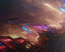 Load image into Gallery viewer, Destitute cyberpunk city with neon signs wall art, Bladerunner vibes art, synthwave style art, cool wall art
