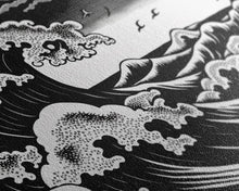 Carregar imagem no visualizador da galeria, Black and White Wave Canvas Print, Hokusai Inspired Wall Art, Woodblock Print Style, Wall Art, Vintage Style Wall Art
