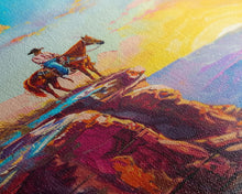 Load image into Gallery viewer, Cowboy on Cliff Edge at Sunrise - Colorful Western Landscape Painting, Framed Canvas Print, Sunrise Wall Art, Living Room Decor
