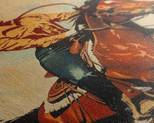 Load image into Gallery viewer, Dynamic Cowgirl on Horseback in Action | Framed Canvas Print | Western Wall Art | Living Room Decor | Rustic Home Decor
