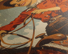 Cargar imagen en el visor de la galería, Classic Cowgirl with Red Outfit on Horse | Framed Canvas Print | Western Wall Art | Living Room Decor | Rustic Home Decor
