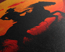 Carregar imagem no visualizador da galeria, Action Cowboy Silhouette on Horse at Sunset | Framed Canvas Print | Western Wall Art | Dramatic Cowboy Wall Art for Home Decor
