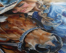 Load image into Gallery viewer, Cowgirl with Horse in Denim Outfit - Framed Canvas Print, Western Wall Art, Rustic Decor, Living Room and Bedroom Art Print
