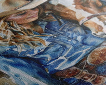 Load image into Gallery viewer, Cowgirl Preparing Horse for Ride - Framed Canvas Print, Western Wall Art, Rustic Decor, Living Room and Bedroom Art Print
