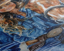 Load image into Gallery viewer, Cowgirl Embracing Horse with Hat - Framed Canvas Print, Western Wall Art, Rustic Decor, Living Room and Bedroom Art Print
