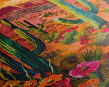 Load image into Gallery viewer, Framed Canvas Print, Vibrant Desert Scene with Saguaro Cacti and Flowers, Unique Wall Art for Living Room or Bedroom
