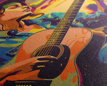 Load image into Gallery viewer, Country Cowboy playing guitar under a colorful sunset, pop art style Framed Canvas Print - music decor, country music art, vibrant wall art
