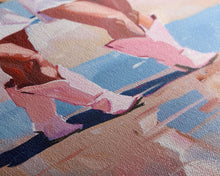 Load image into Gallery viewer, Cowgirls walking on the beach wearing pink cowboy boots, artistic reflection Framed Canvas Print - beach fashion, summer decor, vibrant art
