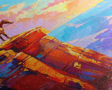 Load image into Gallery viewer, Cowboy on Cliff Edge at Sunset - Colorful Western Landscape Painting, Sunset Wall Art, Living Room Decor, Cowboy Canvas Print
