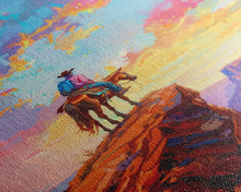 Load image into Gallery viewer, Cowboy on Horseback Overlooking Canyon - Vibrant Western Landscape Art, Sunset Painting, Living Room Decor, Cowboy Canvas Print
