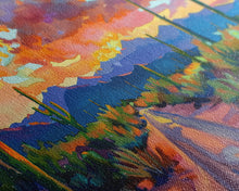 Carregar imagem no visualizador da galeria, Cacti and Mountains Under Sunset Sky, Vibrant Southwestern Landscape Art, Framed Canvas Print, Boho Living Room Decor, Desert Scene
