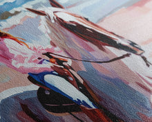 Load image into Gallery viewer, Cowgirl in Pink Shirt Riding Horse by the Sea, Beautiful Framed Canvas Print, Coastal Living Room Art, Beach Bedroom Decor, Horse Art
