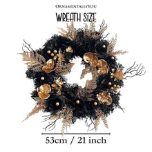 Carregar imagem no visualizador da galeria, Black and Bronze Elegantly Goth 20&quot; Wreath, Premium Gold Door Decoration with Floral Orchids
