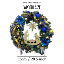 Load image into Gallery viewer, Decorous Nativity Christmas Wreath, Blue and Gold Ribbons and Poinsettias Birth of Christ Door Decoration
