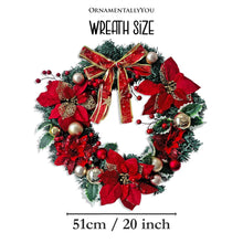Load image into Gallery viewer, Refined Red and Gold 20&quot; Christmas Wreath, Poinsettias, Ribbons and Ornament Baubles
