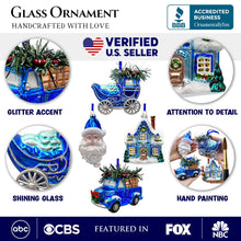 Carregar imagem no visualizador da galeria, A Marvelous Blue Christmas Set of Four Glass Ornaments with Santa, Truck, Snow Cabin and Sleigh
