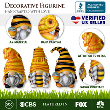 Load image into Gallery viewer, Buzzy Trio Set of Three Bumble Bee Gnome Figurines, 6&quot; Tiered Tray Home or Garden Decoration
