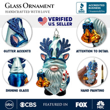 Cargar imagen en el visor de la galería, Charming Blue Gnome with Antlers Glass Christmas Ornament
