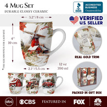 Carregar imagem no visualizador da galeria, Fancy Farmhouse Holiday Set of 4 Ceramic Mugs with Real Gold Trim, Rustic Christmas Kitchen Coffee Cup Decoration
