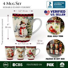 Load image into Gallery viewer, Festive Country Plaid Set of 4 Ceramic Mugs with Real Gold Trim, Christmas Kitchen Coffee Cup Gift with Santa, Cardinal, Deer, and Snowman
