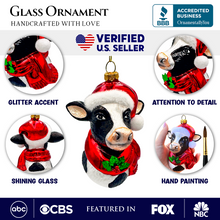 Load image into Gallery viewer, Festive Cow in Wreath Blown Glass Christmas Ornament, Farmhouse Theme Tree Decoration
