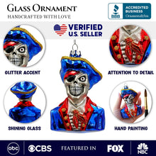 Cargar imagen en el visor de la galería, Fierce Pirate Skeleton Glass Ornament, Gothic Skull Ship Captain Spooky Decor

