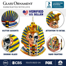 Carregar imagem no visualizador da galeria, Evil Egyptian Pharoah Half Skull Head Glass Ornament, Gothic Halloween Tree Decor
