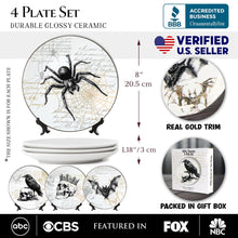 Load image into Gallery viewer, Gothic Elegance Set of 4 Plates with Real Gold Trim, Halloween Tableware Collection for Salad, Dessert, Appetizer, and Side Plates
