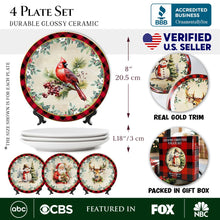 Load image into Gallery viewer, Decor Steals Special -  Holiday Cheer Set of 4 Plates with Real Gold Plaid Trim, Christmas Tableware Collection for Salad, Dessert, Appetizer, and Side Plates
