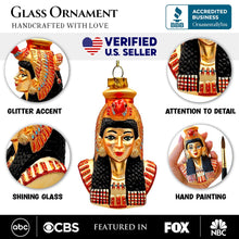 Carregar imagem no visualizador da galeria, Majestic Cleopatra Glass Ornament, Egyptian Holiday Unique Handcrafted Christmas Decor
