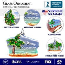 Carregar imagem no visualizador da galeria, Merry Beachmas Christmas Palm Tree Glass Ornament, Xmas in July Tropical Decor
