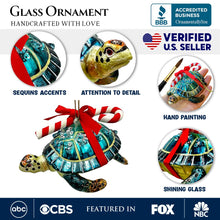 Load image into Gallery viewer, (Pre-Order) Nautical Gift Wrapped Sea Turtle Glass Christmas Ornament, Tropical Beach Holiday Decor
