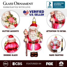 Carregar imagem no visualizador da galeria, Pink Santa with Sceptor and Flowers Glass Christmas Ornament, Retro Tree Decor
