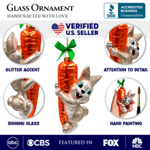 Load image into Gallery viewer, (Pre-Order) Playful Bunny Hanging on Carrot Glass Ornament, Christmas Gift for Kids
