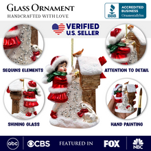 Load image into Gallery viewer, (Pre-Order) Quaint Little Winter Girl Feeding the Birds Glass Christmas Ornament, Cardinal Birdhouse Tree Decor
