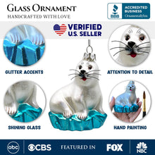 Load image into Gallery viewer, White Seal on a Glacier Glass Christmas Ornament, Pinnipeds and Sea Lion Themed Decor
