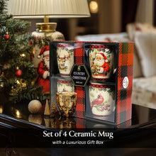 Load image into Gallery viewer, Festive Country Plaid Set of 4 Ceramic Mugs with Real Gold Trim, Christmas Kitchen Coffee Cup Gift with Santa, Cardinal, Deer, and Snowman
