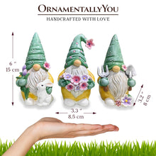 Carregar imagem no visualizador da galeria, Garden Guardians Set of Three 6&quot; Gardening Gnome Figurines, Floral Green and Yellow Statue Decor
