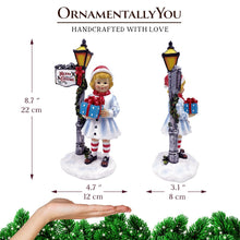 Load image into Gallery viewer, Victorian Style Christmas Girl and Street Lamp Tabletop Figurine, 8&quot; Vintage Holiday Statue of a Gift Carrying Belle
