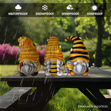 Load image into Gallery viewer, Buzzy Trio Set of Three Bumble Bee Gnome Figurines, 6&quot; Tiered Tray Home or Garden Decoration
